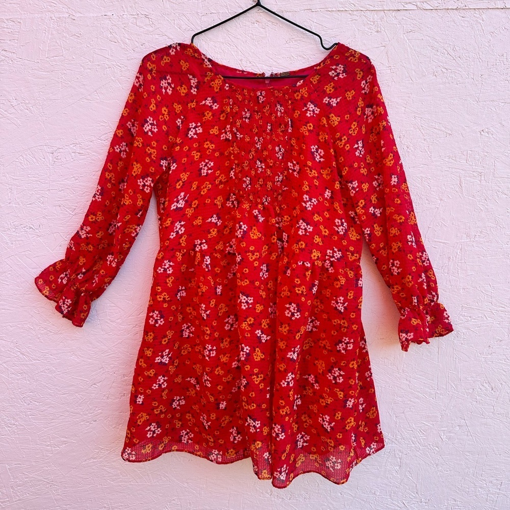 Free People Red Floral Smocked Puff Sleeve Mini Babydoll Chiffon Dress